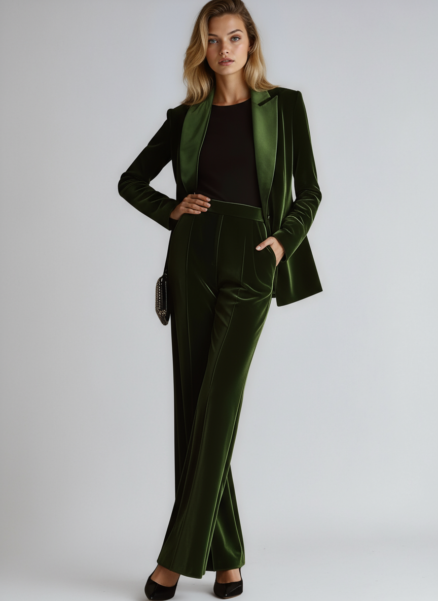 Velvet Green Elegant Women's Suit Blazer & Wide Pants, view 2 - Elena Harper