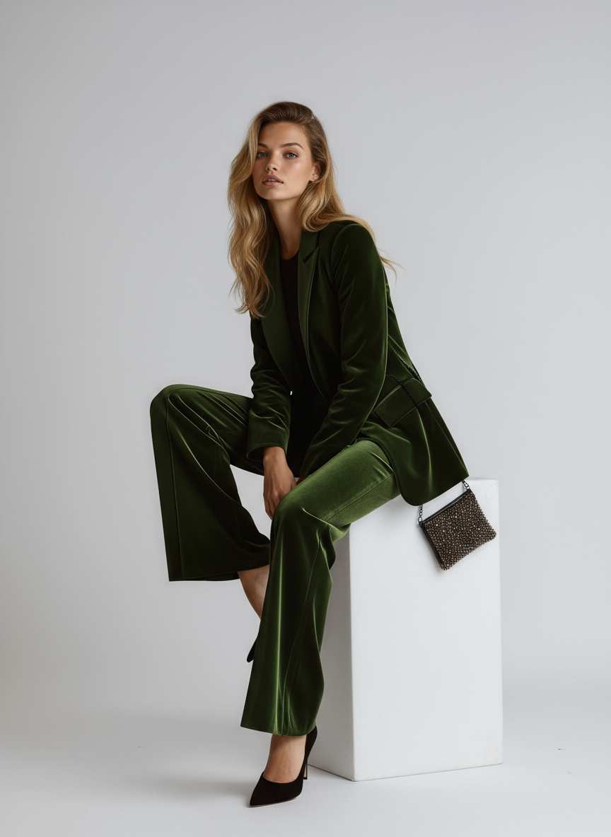 Velvet Green Elegant Women's Suit Blazer & Wide Pants, view 4 - Elena Harper