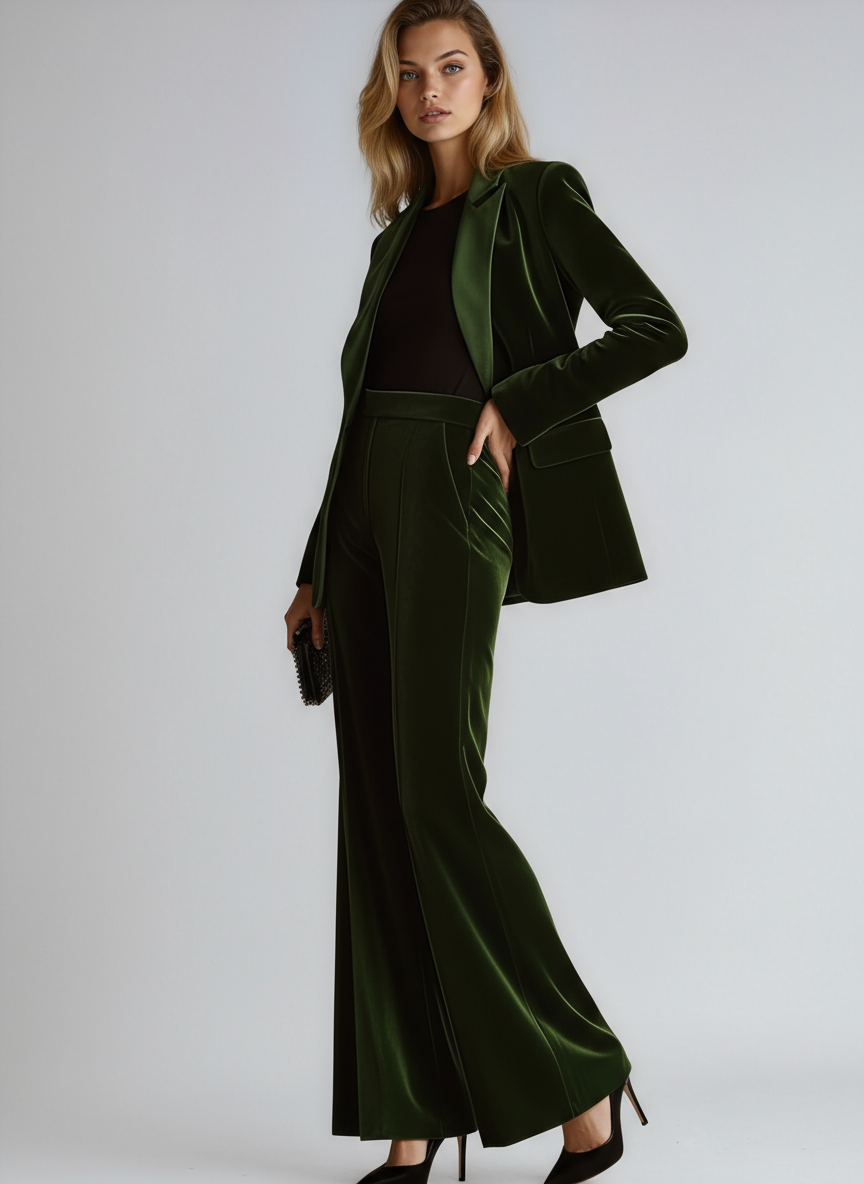 Velvet Green Elegant Women's Suit Blazer & Wide Pants, view 5 - Elena Harper