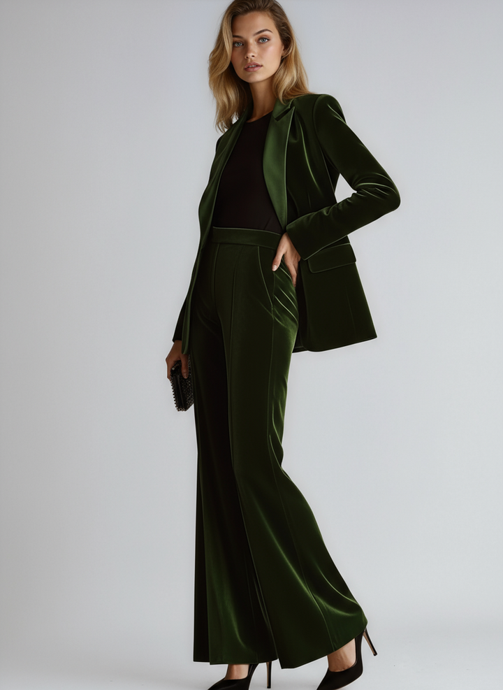 Velvet Green Elegant Women's Suit Blazer & Wide Pants, view 5 - Elena Harper