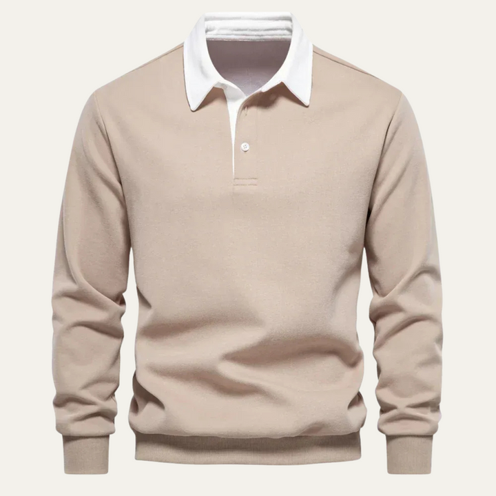 Men's Polo Shirt with Contrast Collar and Long Sleeves - Elena Harper