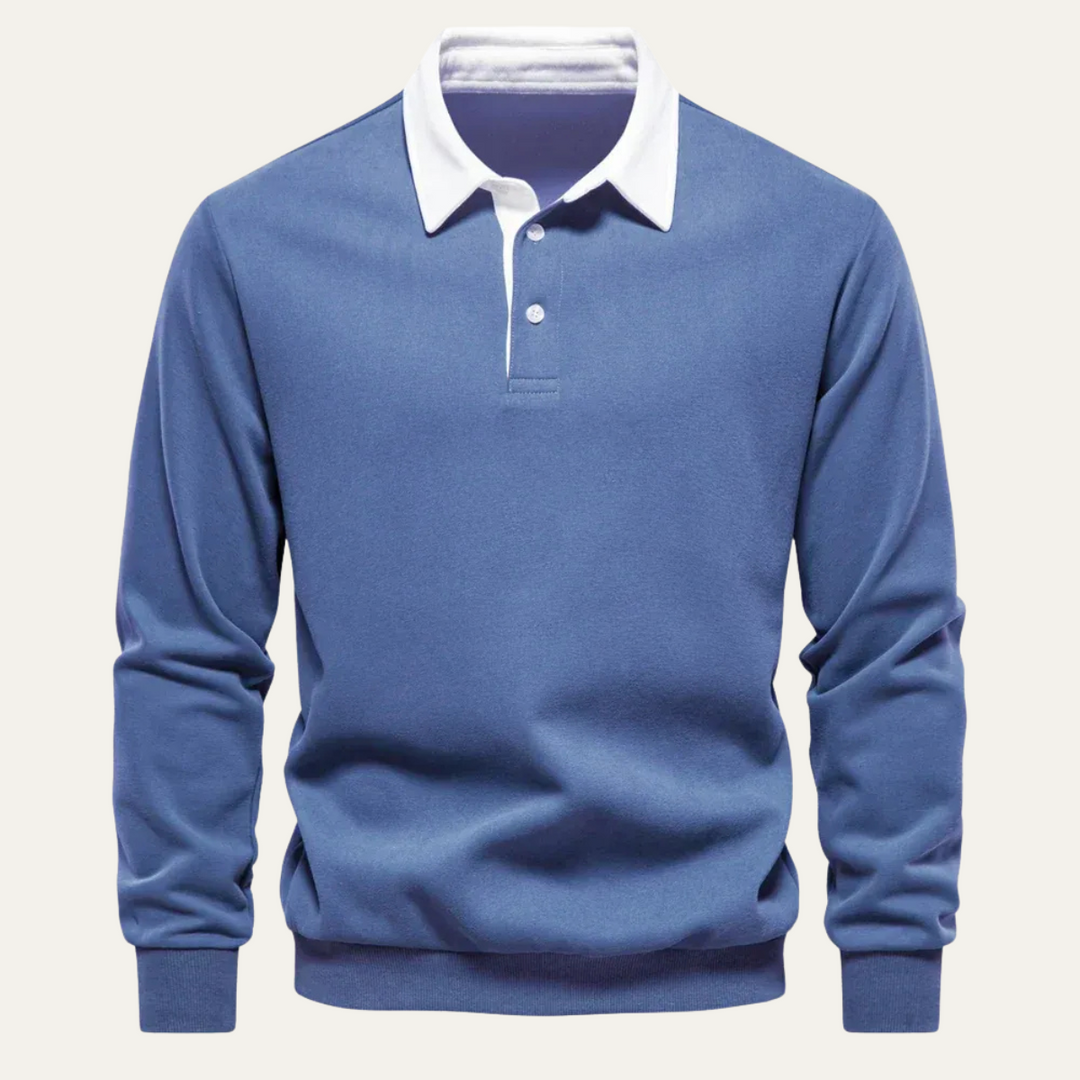 Men's Polo Shirt with Contrast Collar and Long Sleeves - Elena Harper
