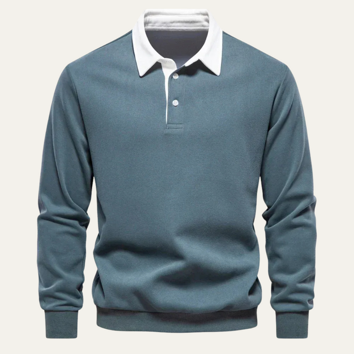 Men's Polo Shirt with Contrast Collar and Long Sleeves - Elena Harper