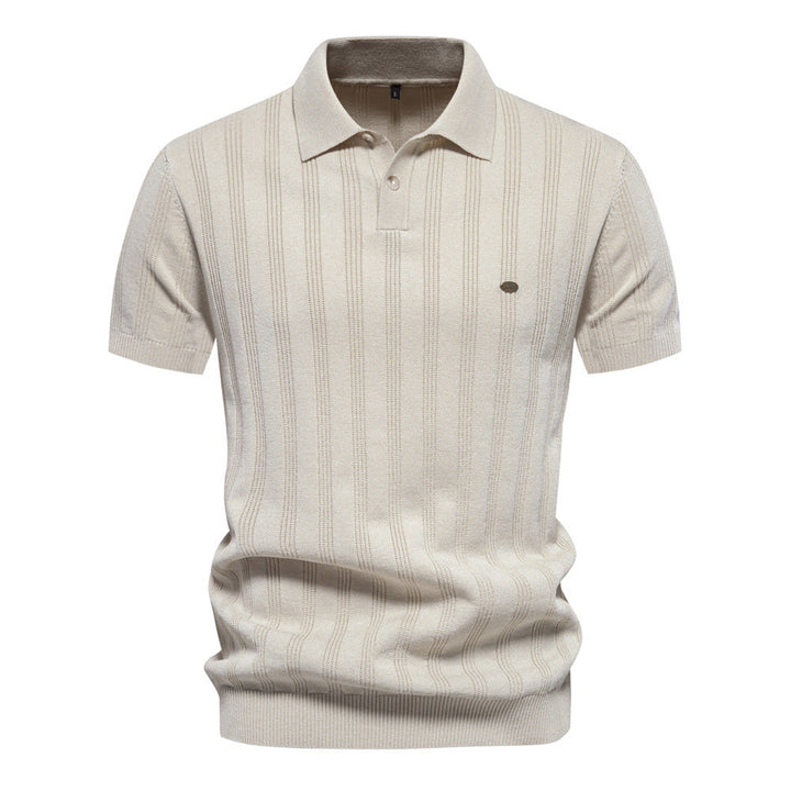Men's Fine Knit Striped Polo Shirt with Short Sleeves - Elena Harper