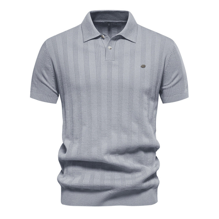 Men's Fine Knit Striped Polo Shirt with Short Sleeves - Elena Harper