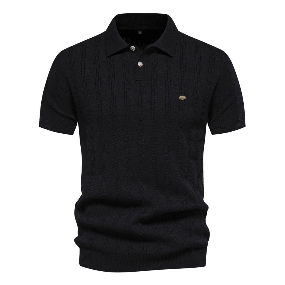 Men's Fine Knit Striped Polo Shirt with Short Sleeves - Elena Harper