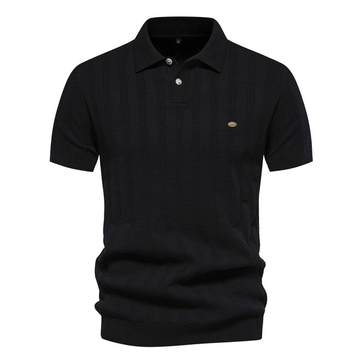 Men's Fine Knit Striped Polo Shirt with Short Sleeves - Elena Harper