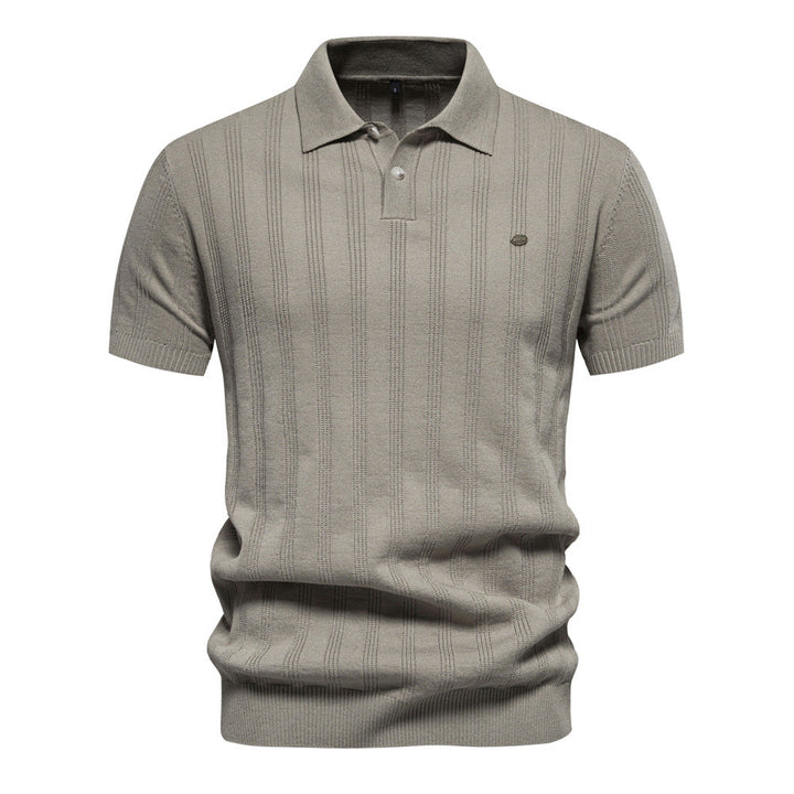Men's Fine Knit Striped Polo Shirt with Short Sleeves - Elena Harper