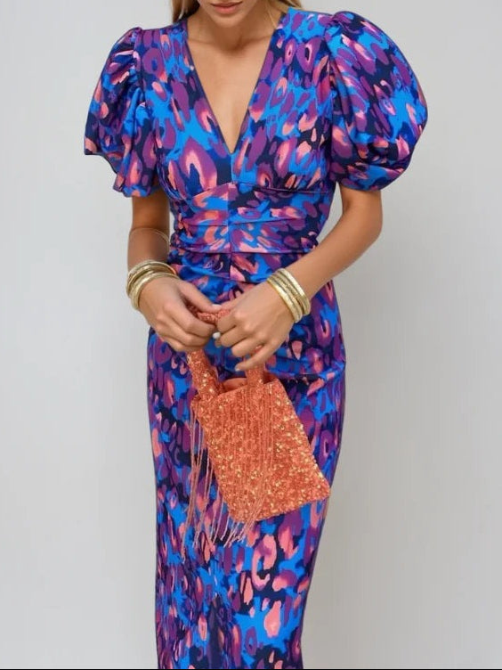 Elegant Midi Dress with Voluminous Sleeves - Elena Harper