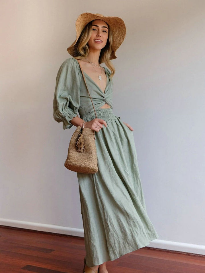 Aviana Elegant Reversible Puff Sleeve Maxi Dress - Elena Harper