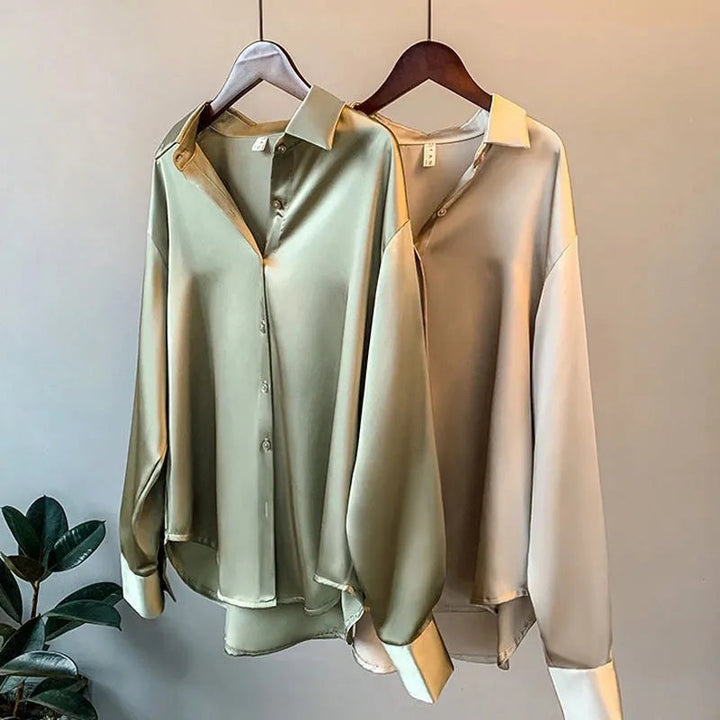 Satin Blouse with Long Sleeves and Classic Collar, view 6 - Elena Harper