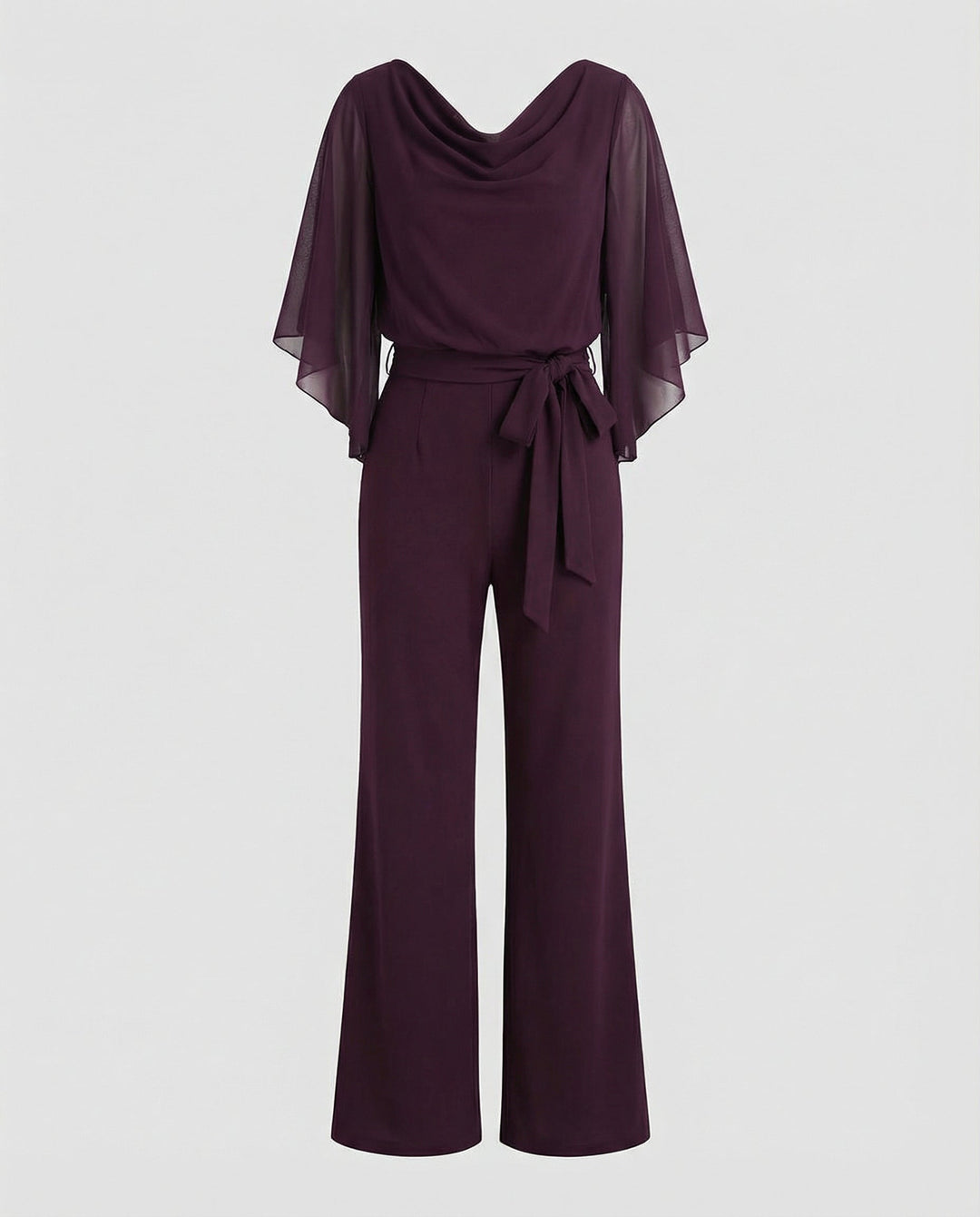 Women's Wide-Leg Jumpsuit Elegant Cascading Neckline & Lace-Up Waist, view 4 - Elena Harper