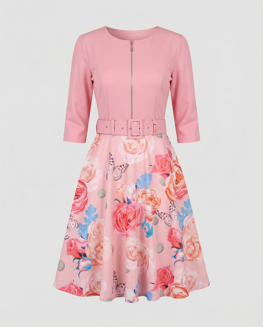 Women's A-Line Dress with Fitted Belt and Floral Pattern EB