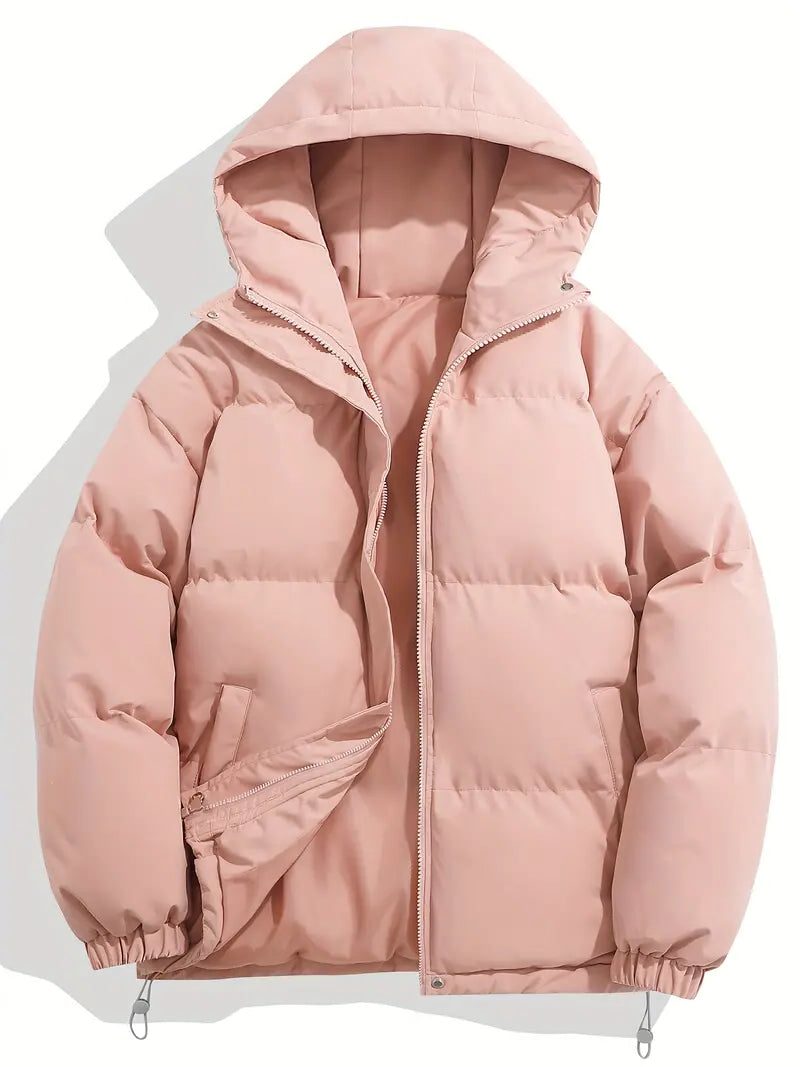 Puffer Winter Jacket with Zipper and Hood for Women