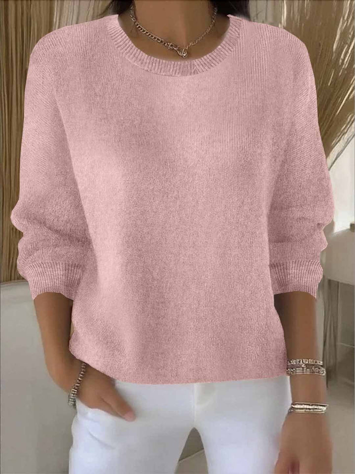 Women's Ribbed Knit Sweater with Round Neck and Long Sleeves