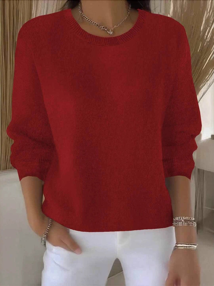 Women's Ribbed Knit Sweater with Round Neck and Long Sleeves