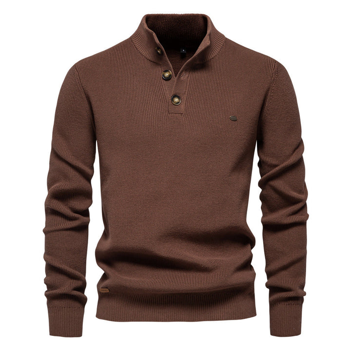 Men's Buttoned Knit Sweater with High Collar and Long Sleeves