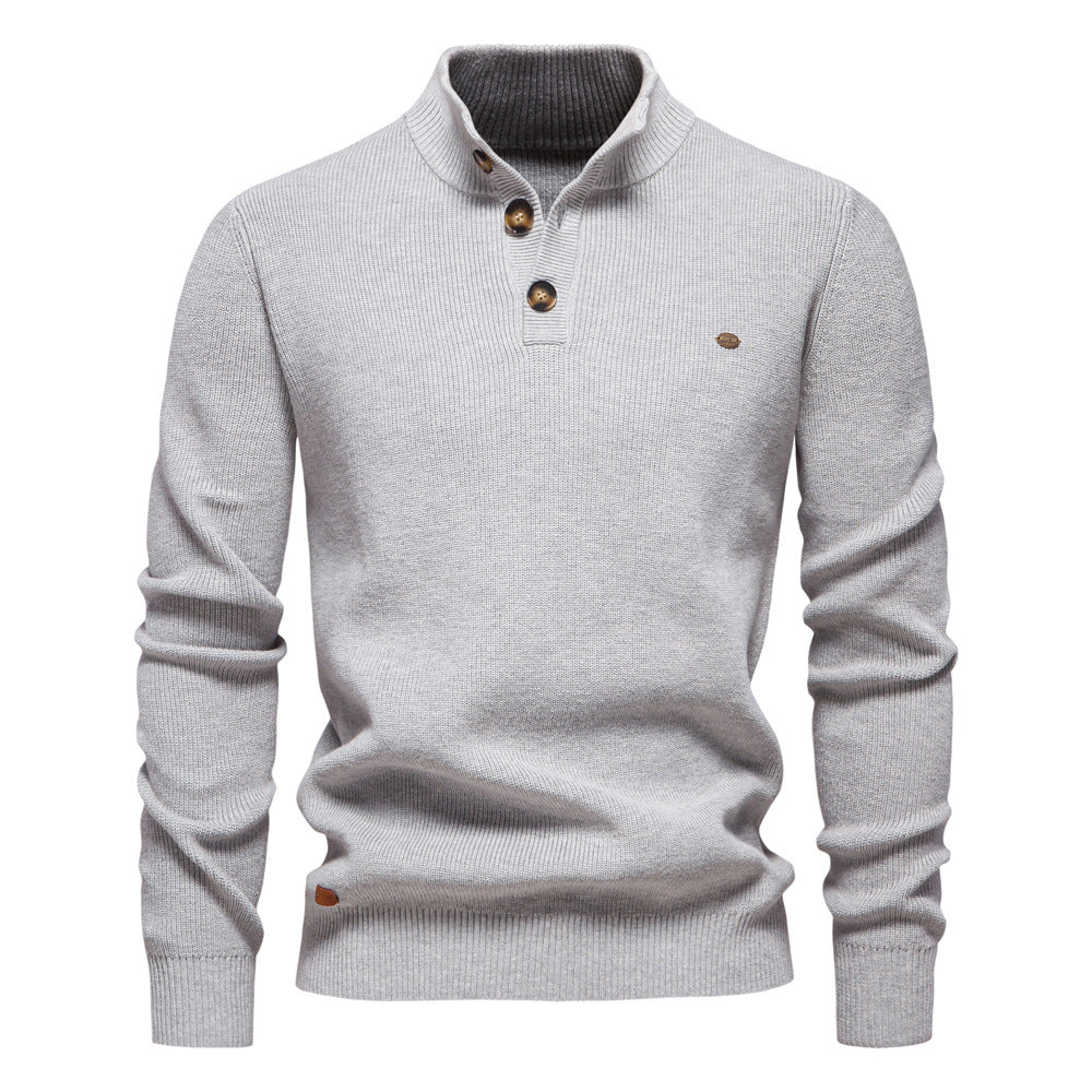 Men's Buttoned Knit Sweater with High Collar and Long Sleeves