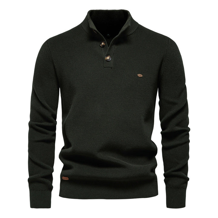 Men's Buttoned Knit Sweater with High Collar and Long Sleeves