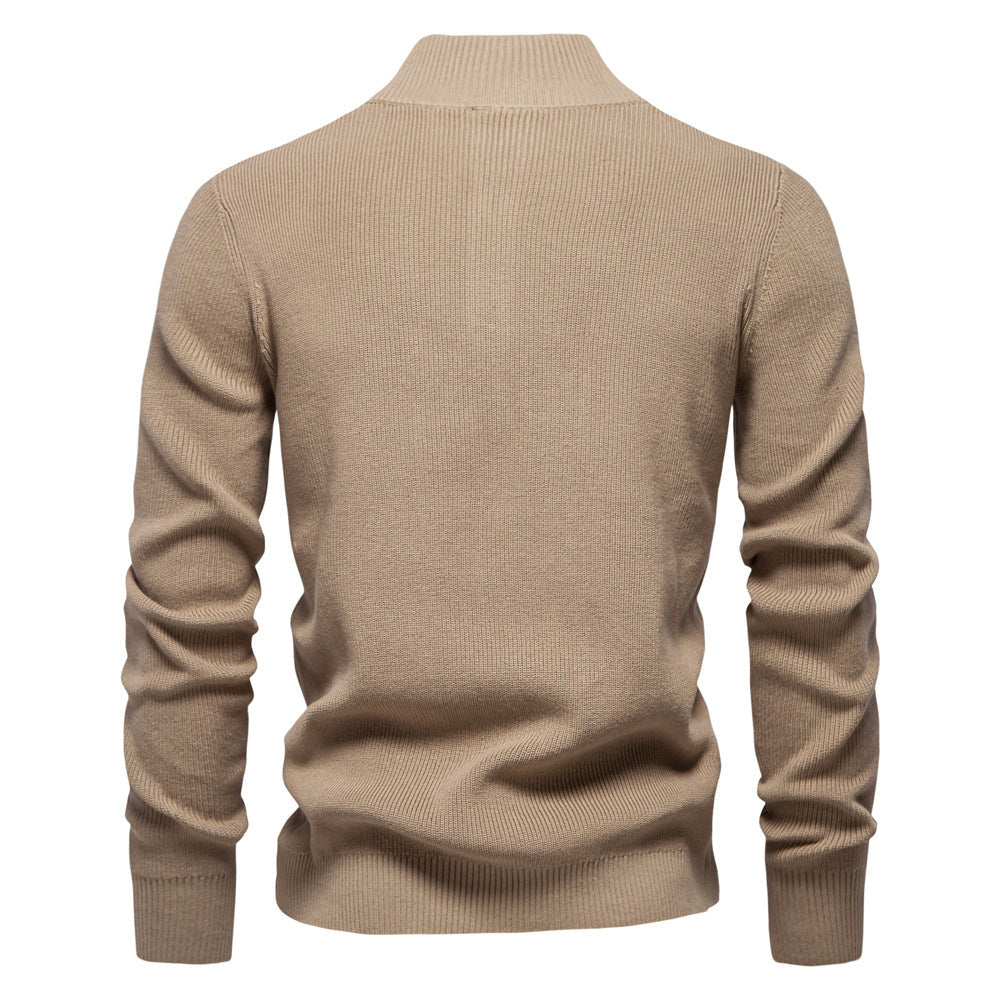 Men's Buttoned Knit Sweater with High Collar and Long Sleeves