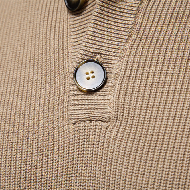 Men's Buttoned Knit Sweater with High Collar and Long Sleeves