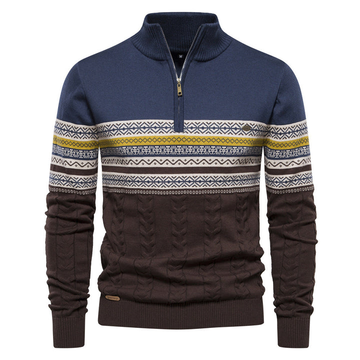 Men's High Neck Half-Zip Sweater with Jacquard Pattern