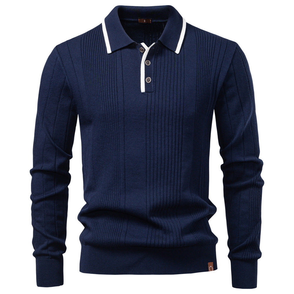 Men's Ribbed Knit Polo Collar Sweater with Long Sleeves