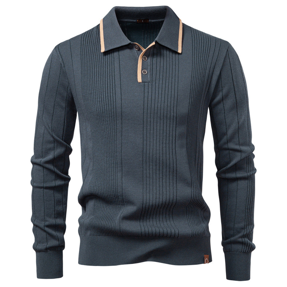 Men's Ribbed Knit Polo Collar Sweater with Long Sleeves