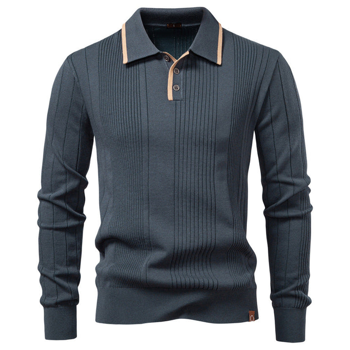Men's Ribbed Knit Polo Collar Sweater with Long Sleeves
