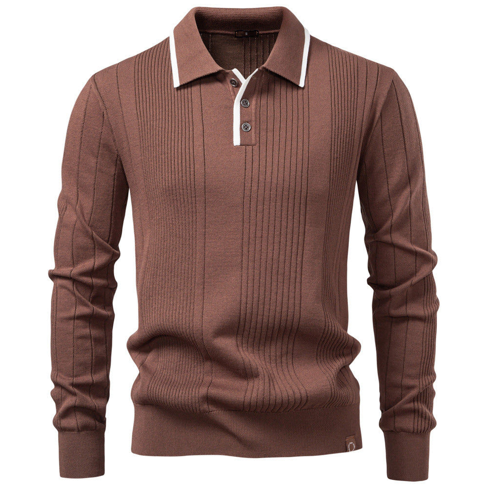 Men's Ribbed Knit Polo Collar Sweater with Long Sleeves