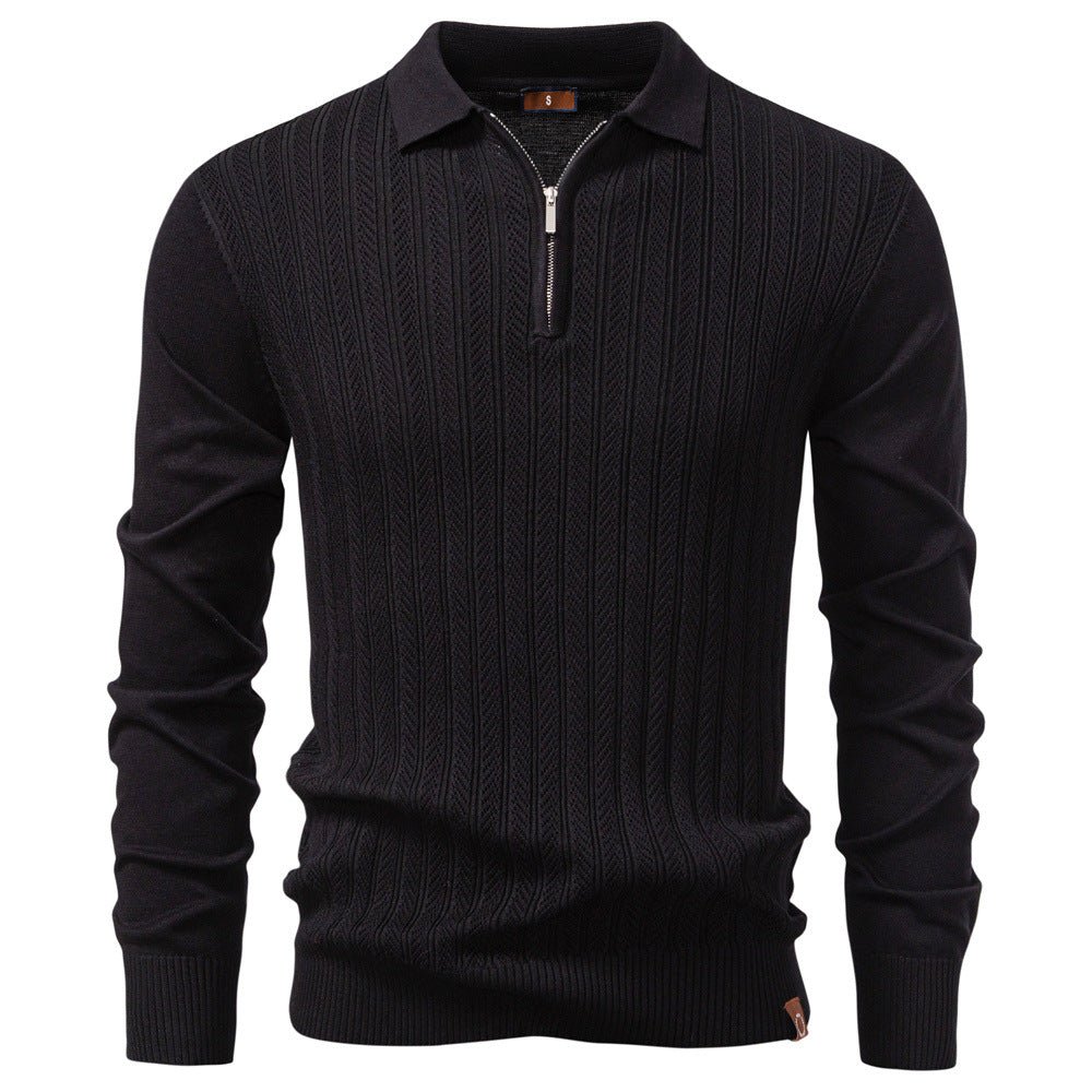 Men's Knit Polo Collar Half-Zip Sweater with Long Sleeves - Elena Harper