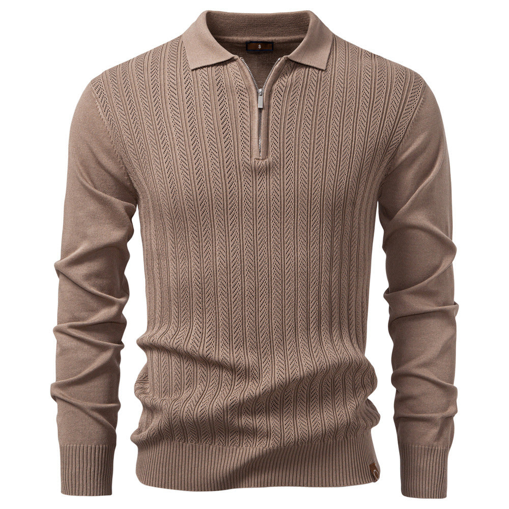 Men's Knit Polo Collar Half-Zip Sweater with Long Sleeves - Elena Harper
