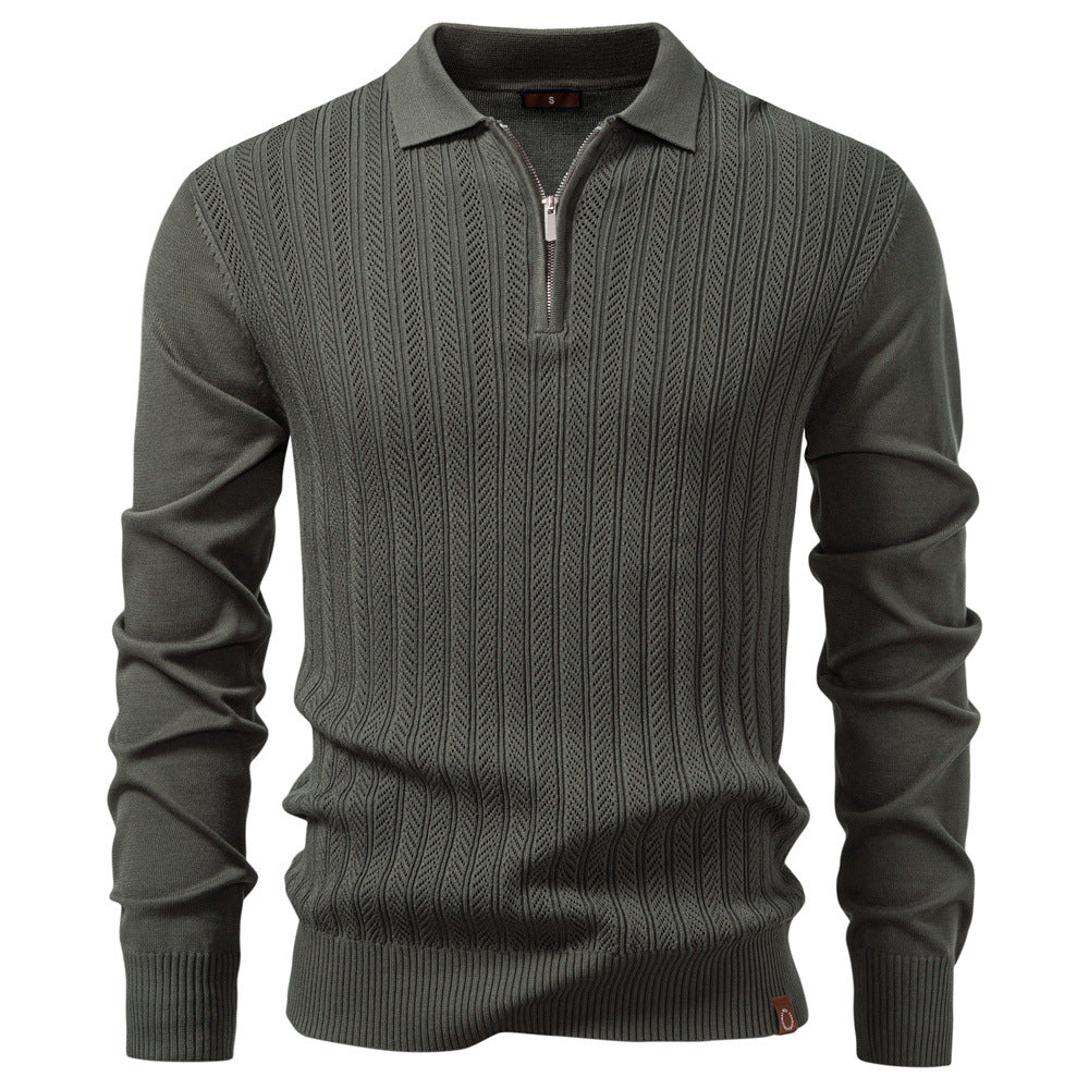 Men's Knit Polo Collar Half-Zip Sweater with Long Sleeves - Elena Harper