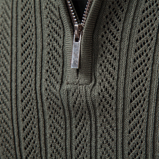 Men's Knit Polo Collar Half-Zip Sweater with Long Sleeves - Elena Harper