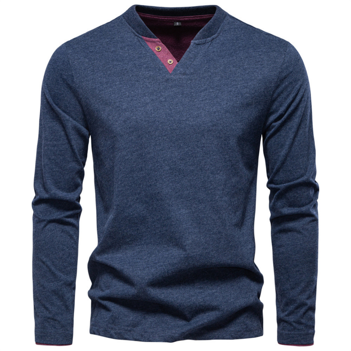 Men's V-Neck Sweater with Contrast Button Placket