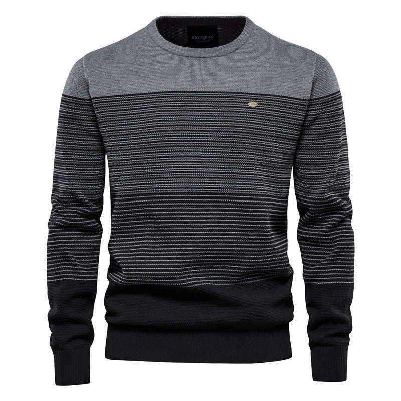 Men's Striped Knit Sweater with Round Neck and Long Sleeves - Elena Harper