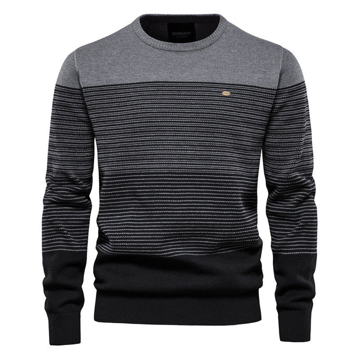 Men's Striped Knit Sweater with Round Neck and Long Sleeves - Elena Harper