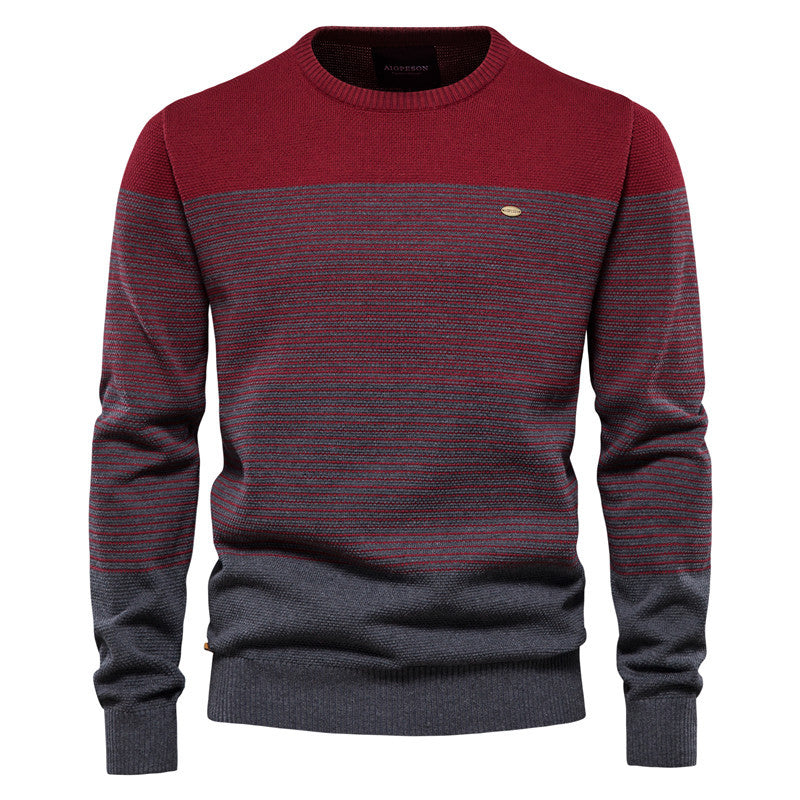 Men's Striped Knit Sweater with Round Neck and Long Sleeves - Elena Harper