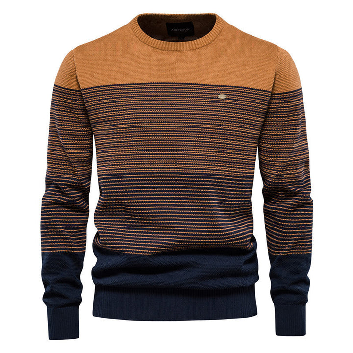 Men's Striped Knit Sweater with Round Neck and Long Sleeves - Elena Harper