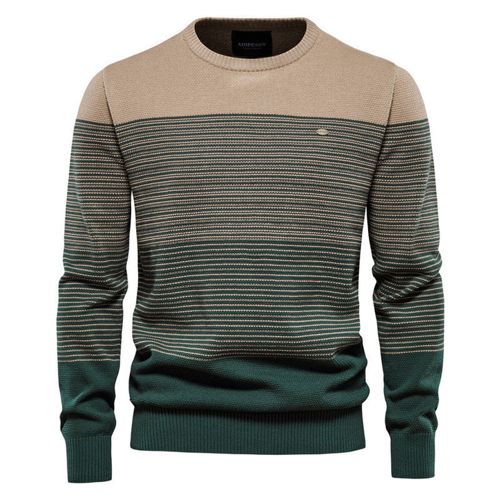 Men's Striped Knit Sweater with Round Neck and Long Sleeves - Elena Harper