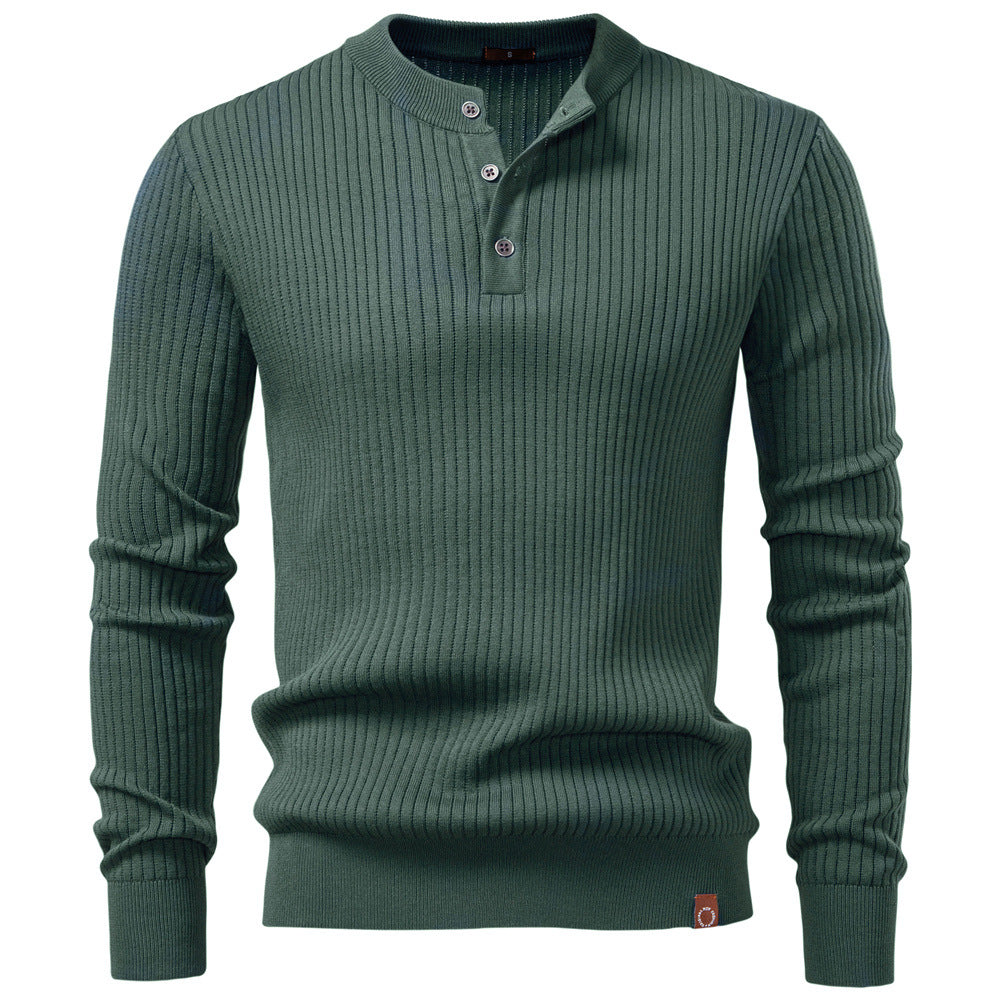 Men's Ribbed Knit Sweater with Buttoned Collar and Long Sleeves - Elena Harper