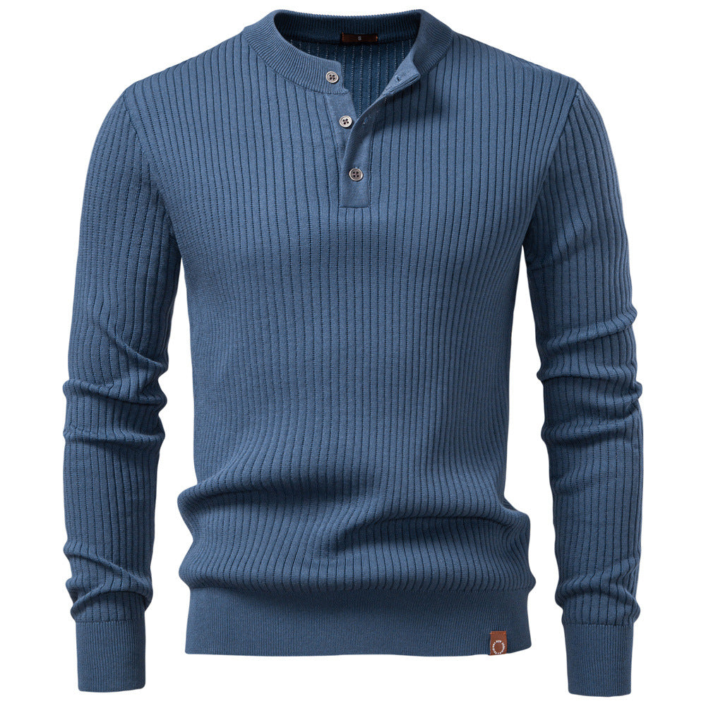 Men's Ribbed Knit Sweater with Buttoned Collar and Long Sleeves - Elena Harper