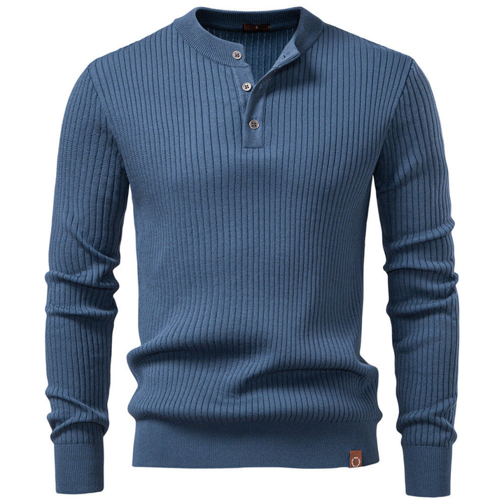 Men's Ribbed Knit Sweater with Buttoned Collar and Long Sleeves - Elena Harper