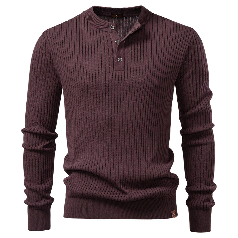 Men's Ribbed Knit Sweater with Buttoned Collar and Long Sleeves - Elena Harper