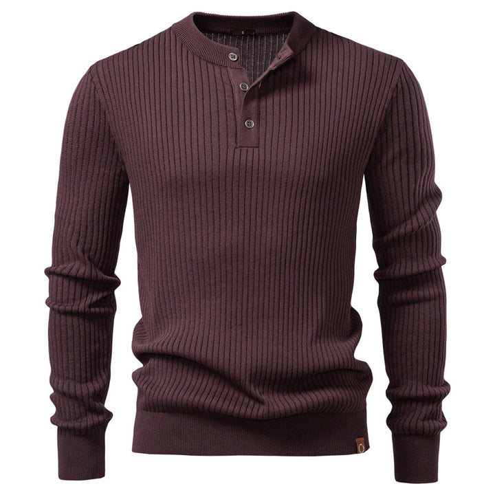 Men's Ribbed Knit Sweater with Buttoned Collar and Long Sleeves - Elena Harper