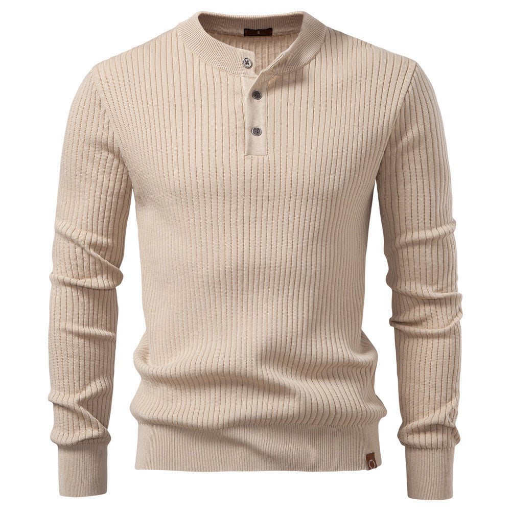 Men's Ribbed Knit Sweater with Buttoned Collar and Long Sleeves - Elena Harper