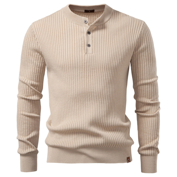 Men's Ribbed Knit Sweater with Buttoned Collar and Long Sleeves - Elena Harper