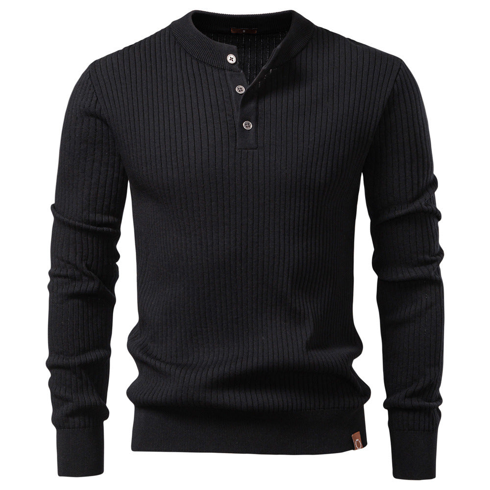 Men's Ribbed Knit Sweater with Buttoned Collar and Long Sleeves - Elena Harper