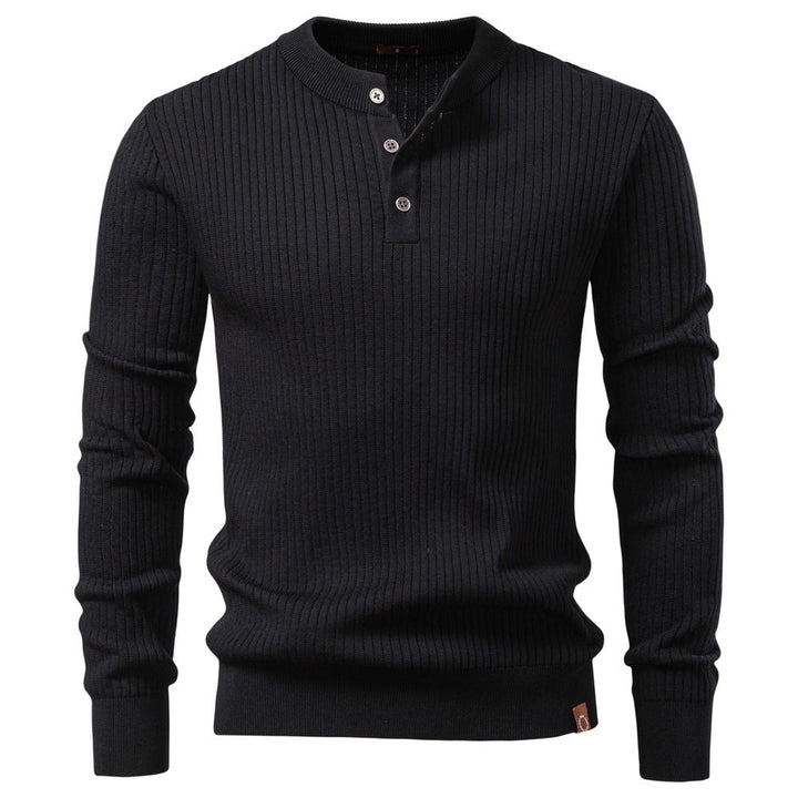 Men's Ribbed Knit Sweater with Buttoned Collar and Long Sleeves - Elena Harper