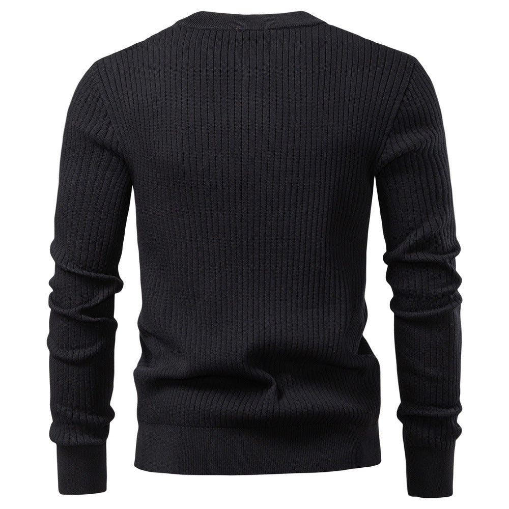 Men's Ribbed Knit Sweater with Buttoned Collar and Long Sleeves - Elena Harper